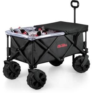 PICNIC TIME NCAA Adventure Wagon Elite All-Terrain Folding Beach Wagon with Big Wheels Plus Table Top Lid & Soft Cooler Liner, (Dark Gray)(Ole Miss Rebels)