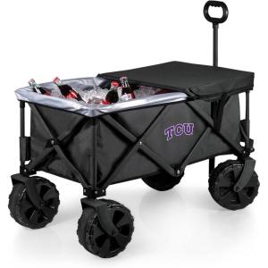 PICNIC TIME NCAA Adventure Wagon Elite All-Terrain Folding Beach Wagon with Big Wheels Plus Table Top Lid & Soft Cooler Liner, (Dark Gray)(TCU Horned Frogs)