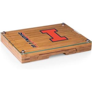 PICNIC TIME NCAA Concerto Glass Top Cheese Board and Knife Set, Charcuterie Board Set, Glass Top Cutting Board, (Bamboo)(Illinois Fighting Illini)