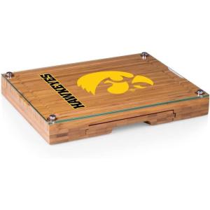 PICNIC TIME NCAA Concerto Glass Top Cheese Board and Knife Set, Charcuterie Board Set, Glass Top Cutting Board, (Bamboo)(Iowa Hawkeyes)
