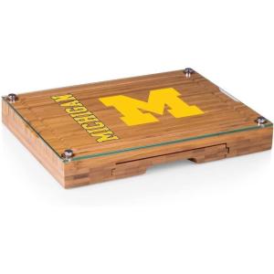 PICNIC TIME NCAA Concerto Glass Top Cheese Board and Knife Set, Charcuterie Board Set, Glass Top Cutting Board, (Bamboo)(Michigan Wolverines)