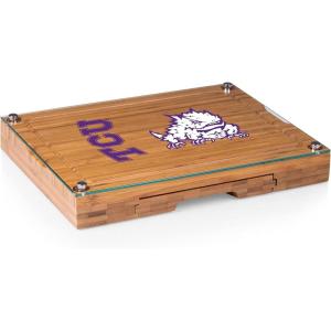 PICNIC TIME NCAA Concerto Glass Top Cheese Board and Knife Set, Charcuterie Board Set, Glass Top Cutting Board, (Bamboo)(TCU Horned Frogs)