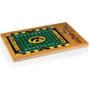 PICNIC TIME NCAA Icon Glass Top Cutting Board & Knife Set, Cheese Boards Charcuterie Boards, Serving Platter, (Parawood & Bamboo)(Iowa Hawkeyes)