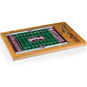 PICNIC TIME NCAA Icon Glass Top Cutting Board & Knife Set, Cheese Boards Charcuterie Boards, Serving Platter, (Parawood & Bamboo)(Mississippi State Bulldogs)