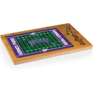 PICNIC TIME NCAA Icon Glass Top Cutting Board & Knife Set, Cheese Boards Charcuterie Boards, Serving Platter, (Parawood & Bamboo)(TCU Horned Frogs)