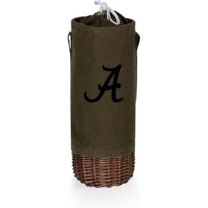PICNIC TIME NCAA Malbec Insulated Canvas and Willow Wine Bottle Basket, Wine Tote, Wine Gift Bag, (Khaki Green with Beige Accents)(Alabama Crimson Tide)