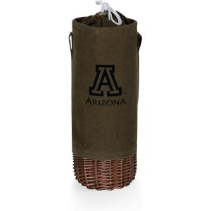 PICNIC TIME NCAA Malbec Insulated Canvas and Willow Wine Bottle Basket, Wine Tote, Wine Gift Bag, (Khaki Green with Beige Accents)(Arizona Wildcats)