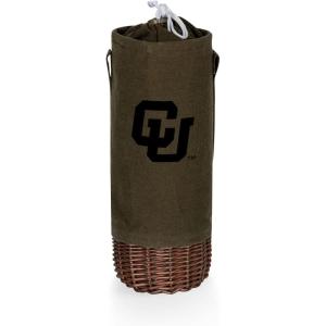 PICNIC TIME NCAA Malbec Insulated Canvas and Willow Wine Bottle Basket, Wine Tote, Wine Gift Bag, (Khaki Green with Beige Accents)(Colorado Buffaloes)