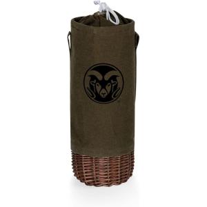 PICNIC TIME NCAA Malbec Insulated Canvas and Willow Wine Bottle Basket, Wine Tote, Wine Gift Bag, (Khaki Green with Beige Accents)(Colorado State Rams)