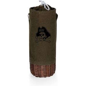 PICNIC TIME NCAA Malbec Insulated Canvas and Willow Wine Bottle Basket, Wine Tote, Wine Gift Bag, (Khaki Green with Beige Accents)(East Carolina Pirates)
