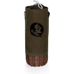 PICNIC TIME NCAA Malbec Insulated Canvas and Willow Wine Bottle Basket, Wine Tote, Wine Gift Bag, (Khaki Green with Beige Accents)(Florida State Seminoles)