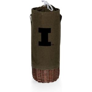 PICNIC TIME NCAA Malbec Insulated Canvas and Willow Wine Bottle Basket, Wine Tote, Wine Gift Bag, (Khaki Green with Beige Accents)(Illinois Fighting Illini)