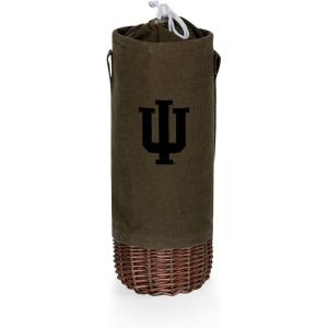 PICNIC TIME NCAA Malbec Insulated Canvas and Willow Wine Bottle Basket, Wine Tote, Wine Gift Bag, (Khaki Green with Beige Accents)(Indiana Hoosiers)