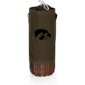 PICNIC TIME NCAA Malbec Insulated Canvas and Willow Wine Bottle Basket, Wine Tote, Wine Gift Bag, (Khaki Green with Beige Accents)(Iowa Hawkeyes)