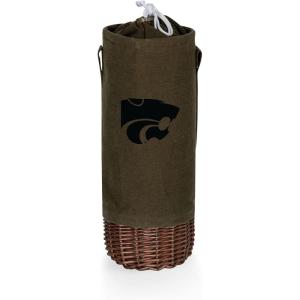 PICNIC TIME NCAA Malbec Insulated Canvas and Willow Wine Bottle Basket, Wine Tote, Wine Gift Bag, (Khaki Green with Beige Accents)(Kansas State Wildcats)