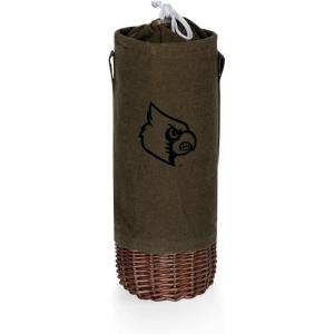 PICNIC TIME NCAA Malbec Insulated Canvas and Willow Wine Bottle Basket, Wine Tote, Wine Gift Bag, (Khaki Green with Beige Accents)(Louisville Cardinals)