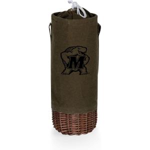 PICNIC TIME NCAA Malbec Insulated Canvas and Willow Wine Bottle Basket, Wine Tote, Wine Gift Bag, (Khaki Green with Beige Accents)(Maryland Terrapins)