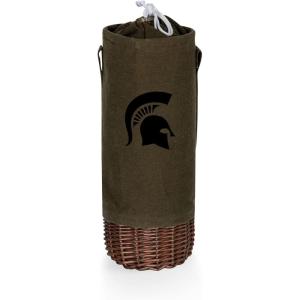 PICNIC TIME NCAA Malbec Insulated Canvas and Willow Wine Bottle Basket, Wine Tote, Wine Gift Bag, (Khaki Green with Beige Accents)(Michigan State Spartans)