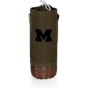 PICNIC TIME NCAA Malbec Insulated Canvas and Willow Wine Bottle Basket, Wine Tote, Wine Gift Bag, (Khaki Green with Beige Accents)(Michigan Wolverines)