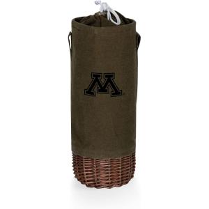 PICNIC TIME NCAA Malbec Insulated Canvas and Willow Wine Bottle Basket, Wine Tote, Wine Gift Bag, (Khaki Green with Beige Accents)(Minnesota Golden Gophers)