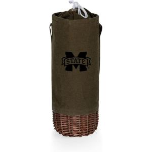 PICNIC TIME NCAA Malbec Insulated Canvas and Willow Wine Bottle Basket, Wine Tote, Wine Gift Bag, (Khaki Green with Beige Accents)(Mississippi State Bulldogs)