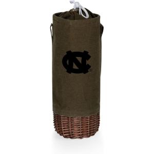 PICNIC TIME NCAA Malbec Insulated Canvas and Willow Wine Bottle Basket, Wine Tote, Wine Gift Bag, (Khaki Green with Beige Accents)(North Carolina Tar Heels)