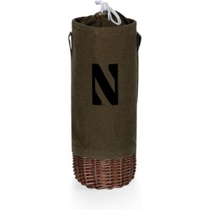 PICNIC TIME NCAA Malbec Insulated Canvas and Willow Wine Bottle Basket, Wine Tote, Wine Gift Bag, (Khaki Green with Beige Accents)(Northwestern Wildcats)
