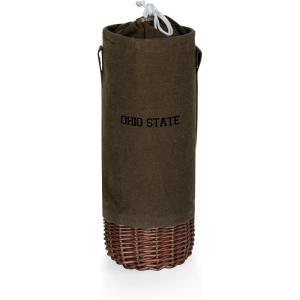 PICNIC TIME NCAA Malbec Insulated Canvas and Willow Wine Bottle Basket, Wine Tote, Wine Gift Bag, (Khaki Green with Beige Accents)(Ohio State Buckeyes)