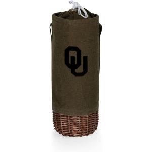PICNIC TIME NCAA Malbec Insulated Canvas and Willow Wine Bottle Basket, Wine Tote, Wine Gift Bag, (Khaki Green with Beige Accents)(Oklahoma Sooners)
