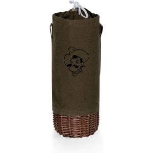 PICNIC TIME NCAA Malbec Insulated Canvas and Willow Wine Bottle Basket, Wine Tote, Wine Gift Bag, (Khaki Green with Beige Accents)(Oklahoma State Cowboys)