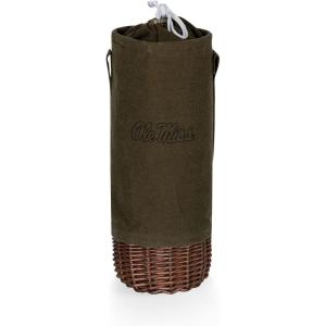 PICNIC TIME NCAA Malbec Insulated Canvas and Willow Wine Bottle Basket, Wine Tote, Wine Gift Bag, (Khaki Green with Beige Accents)(Ole Miss Rebels)