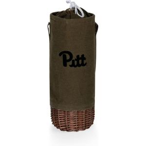 PICNIC TIME NCAA Malbec Insulated Canvas and Willow Wine Bottle Basket, Wine Tote, Wine Gift Bag, (Khaki Green with Beige Accents)(Pittsburgh Panthers)