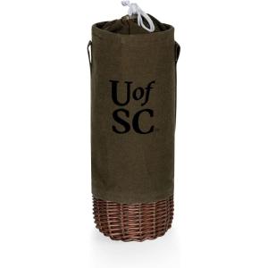 PICNIC TIME NCAA Malbec Insulated Canvas and Willow Wine Bottle Basket, Wine Tote, Wine Gift Bag, (Khaki Green with Beige Accents)(South Carolina Gamecocks)