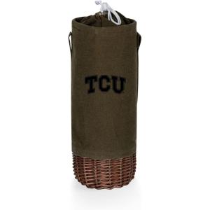 PICNIC TIME NCAA Malbec Insulated Canvas and Willow Wine Bottle Basket, Wine Tote, Wine Gift Bag, (Khaki Green with Beige Accents)(TCU Horned Frogs)