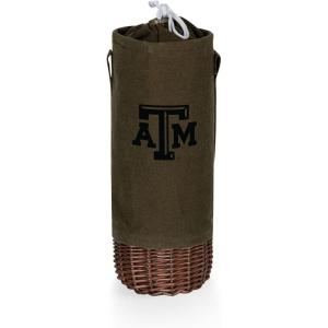 PICNIC TIME NCAA Malbec Insulated Canvas and Willow Wine Bottle Basket, Wine Tote, Wine Gift Bag, (Khaki Green with Beige Accents)(Texas A&M Aggies)