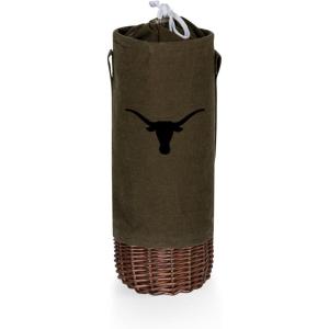 PICNIC TIME NCAA Malbec Insulated Canvas and Willow Wine Bottle Basket, Wine Tote, Wine Gift Bag, (Khaki Green with Beige Accents)(Texas Longhorns)