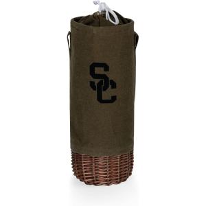 PICNIC TIME NCAA Malbec Insulated Canvas and Willow Wine Bottle Basket, Wine Tote, Wine Gift Bag, (Khaki Green with Beige Accents)(USC Trojans)