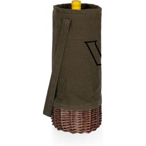 PICNIC TIME NCAA Malbec Insulated Canvas and Willow Wine Bottle Basket, Wine Tote, Wine Gift Bag, (Khaki Green with Beige Accents)(Vanderbilt Commodores)