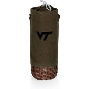 PICNIC TIME NCAA Malbec Insulated Canvas and Willow Wine Bottle Basket, Wine Tote, Wine Gift Bag, (Khaki Green with Beige Accents)(Virginia Tech Hokies)
