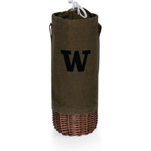 PICNIC TIME NCAA Malbec Insulated Canvas and Willow Wine Bottle Basket, Wine Tote, Wine Gift Bag, (Khaki Green with Beige Accents)(Washington Huskies)