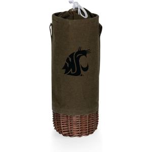 PICNIC TIME NCAA Malbec Insulated Canvas and Willow Wine Bottle Basket, Wine Tote, Wine Gift Bag, (Khaki Green with Beige Accents)(Washington State Cougars)