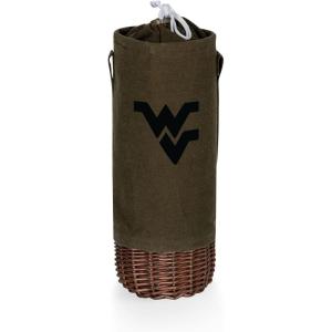 PICNIC TIME NCAA Malbec Insulated Canvas and Willow Wine Bottle Basket, Wine Tote, Wine Gift Bag, (Khaki Green with Beige Accents)(West Virginia Mountaineers)