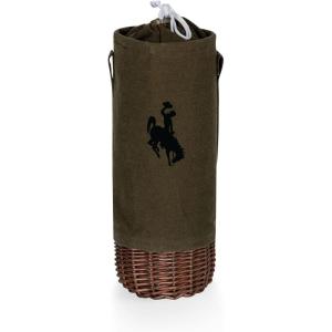 PICNIC TIME NCAA Malbec Insulated Canvas and Willow Wine Bottle Basket, Wine Tote, Wine Gift Bag, (Khaki Green with Beige Accents)(Wyoming Cowboys)