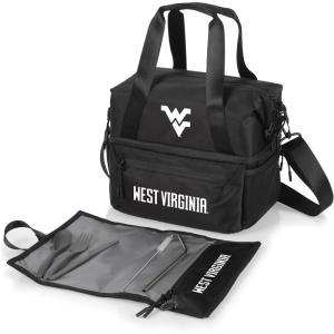 PICNIC TIME NCAA Oklahoma Sooners Tarana Lunch Bag Cooler with Utensils Made from Recycled Material, Lunch Box with Picnic Set, Upcycled Lunch Cooler Bag, (Carbon Black)(West Virginia Mountaineers)