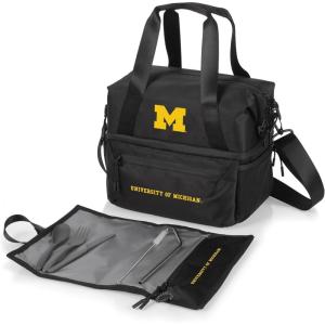 PICNIC TIME NCAA Oklahoma Sooners Tarana Lunch Bag Cooler with Utensils Made from Recycled Material, Lunch Box with Picnic Set, Upcycled Lunch Cooler Bag, (Carbon Black)(Michigan Wolverines)