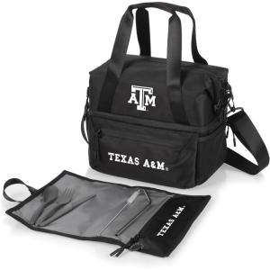 PICNIC TIME NCAA Oklahoma Sooners Tarana Lunch Bag Cooler with Utensils Made from Recycled Material, Lunch Box with Picnic Set, Upcycled Lunch Cooler Bag, (Carbon Black)(Texas A&M Aggies)