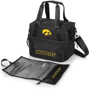 PICNIC TIME NCAA Oklahoma Sooners Tarana Lunch Bag Cooler with Utensils Made from Recycled Material, Lunch Box with Picnic Set, Upcycled Lunch Cooler Bag, (Carbon Black)(Iowa Hawkeyes)