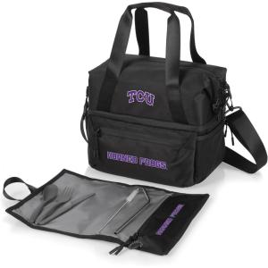 PICNIC TIME NCAA Oklahoma Sooners Tarana Lunch Bag Cooler with Utensils Made from Recycled Material, Lunch Box with Picnic Set, Upcycled Lunch Cooler Bag, (Carbon Black)(TCU Horned Frogs)