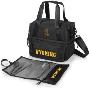PICNIC TIME NCAA Oklahoma Sooners Tarana Lunch Bag Cooler with Utensils Made from Recycled Material, Lunch Box with Picnic Set, Upcycled Lunch Cooler Bag, (Carbon Black)(Wyoming Cowboys)