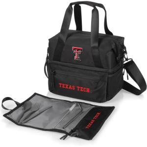 PICNIC TIME NCAA Oklahoma Sooners Tarana Lunch Bag Cooler with Utensils Made from Recycled Material, Lunch Box with Picnic Set, Upcycled Lunch Cooler Bag, (Carbon Black)(Texas Tech Red Raiders)